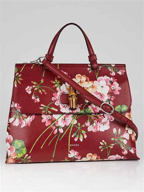 Red Blooms Printed Leather Bamboo Daily Top Handle Bag